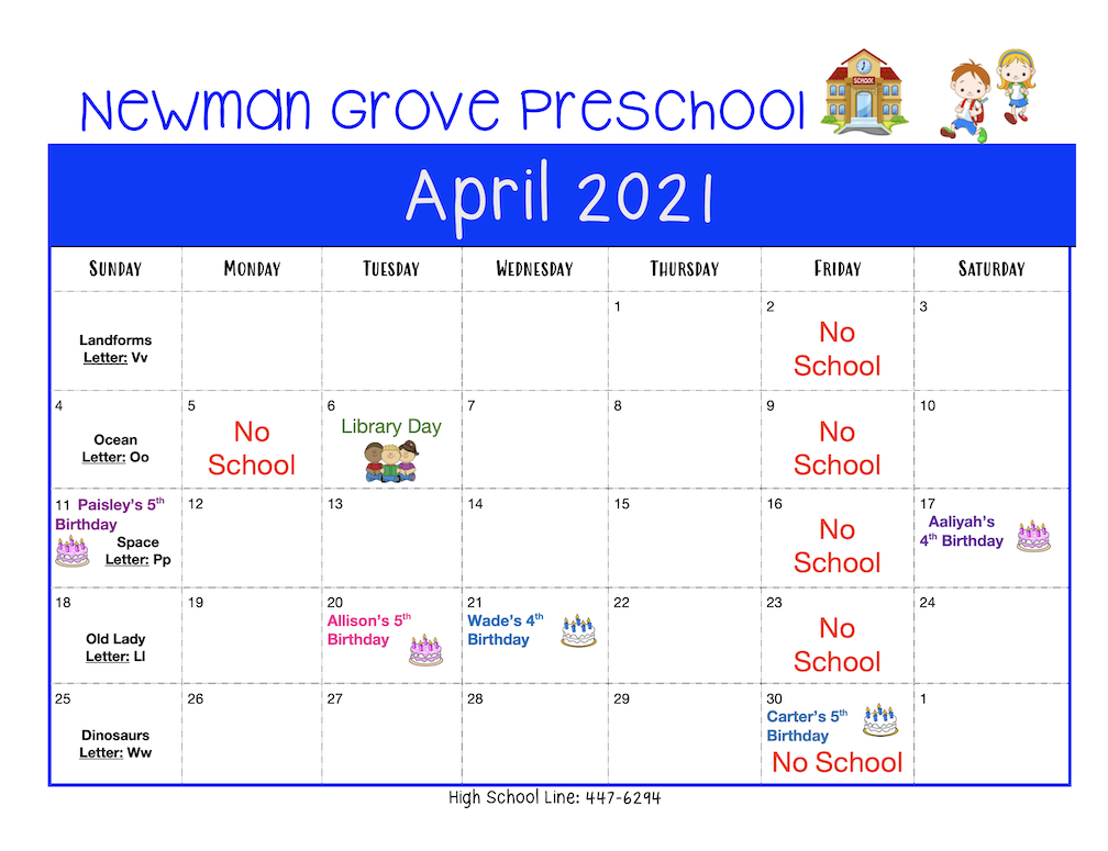 Newman Grove - Preschool Calendar